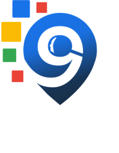 Blue number 9 with a magnifying glass and four colored squares, logo for 9Niner Consulting.