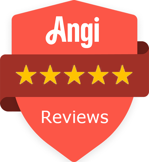 Angi 5 Star Logo Red badge with "Angi" at the top, five yellow stars, and the word "Reviews" at the bottom.