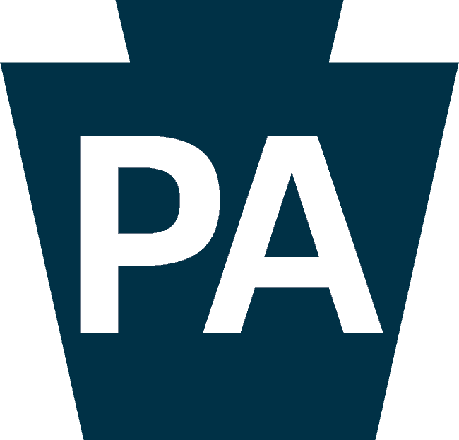 PA Dark blue keystone shape with large white letters "PA" in the center.